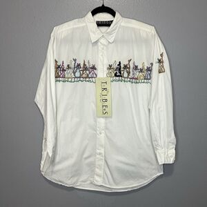 Vintage Tribes Women's Sz Medium Embroidered Cat Shirt Button Up 90s Grandmacore